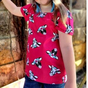 Wrangler Large Top Girls’ Pink Floral Cow Print Short Sleeves 100% cotton NWT